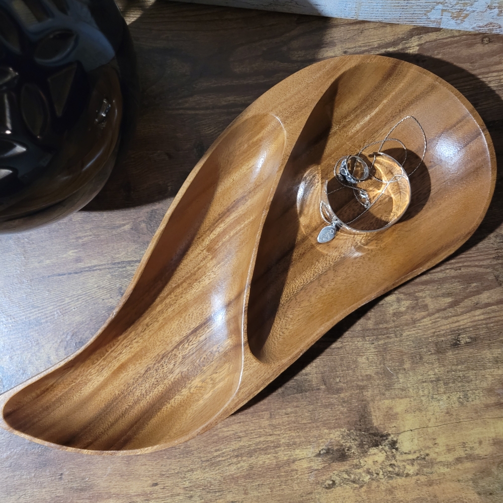 Vintage Monkey Pod Wood Curved Divided Tray Made In The Philippines
